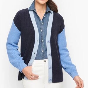 Talbots Navy and Light Blue Colorblock Cotton Cardigan. Petite.